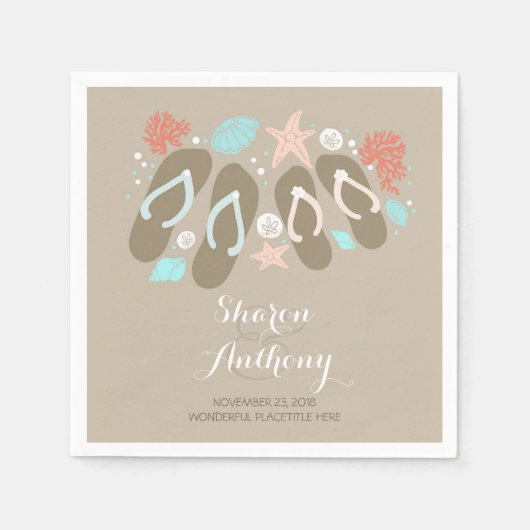 ロマンチックビーチビーチサンダル結婚ズ紙ナプキンス スタンダードカクテルナプキン (正面)
