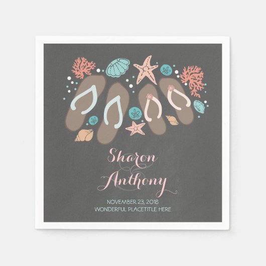 ロマンチックビーチビーチサンダル結婚ズ紙ナプキンス スタンダードカクテルナプキン (正面)
