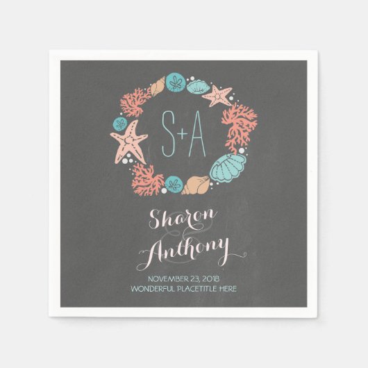 ロマンチックビーチリース結婚ズ紙ナプキンス スタンダードカクテルナプキン (正面)