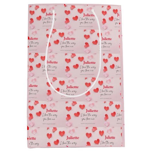 ロマンチックピンクと赤いハートバレンタインデー ミディアムペーパーバッグ (正面)