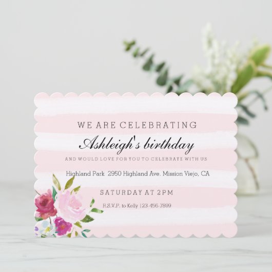 ロマンチックピンクの水彩ストライプフローラ誕生日 招待状 (スタンド正面)