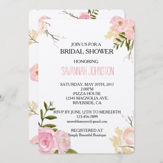 ロマンチックピンクウォーターカラーガーデンブライダルシャワー 招待状 (正面/裏面)