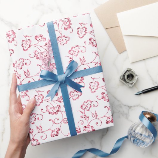 ロマンチックピンクグリッターフローラ ラッピングペーパー (ギフト)