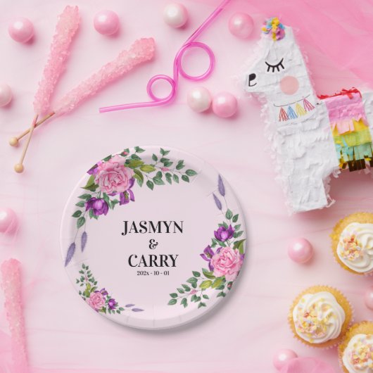 ロマンチックピンクバイオレットフローラサマーブーケ ペーパープレート (パーティー)