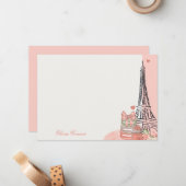 ロマンチックピンクパリテーマ パーソナライズされた ノートカード (正面/裏面インサイチュ)