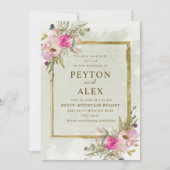 ロマンチックピンクパープルセージ緑離れの金ゴールド 招待状 (正面)