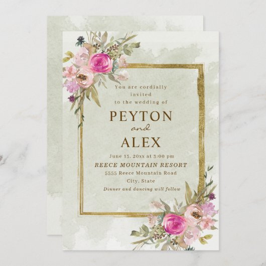 ロマンチックピンクパープルセージ緑離れの金ゴールド 招待状 (正面/裏面)