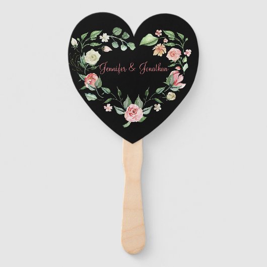 ロマンチックピンクフローラバラ結婚ハート |黒 ハンドファン (正面)