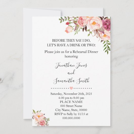 ロマンチックピンクフローラボホシックリハーサルディナー 招待状 (正面)