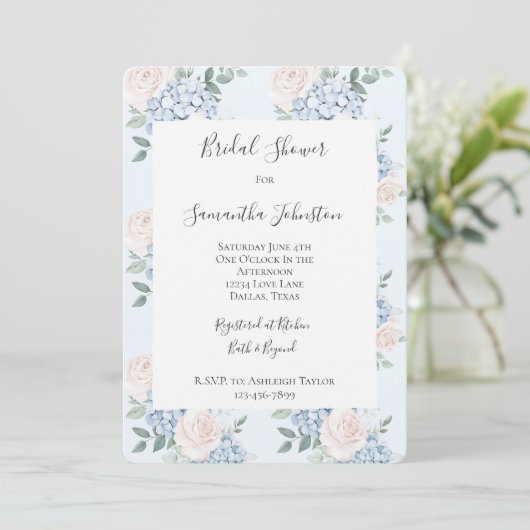 ロマンチックピンクブルーフラワーズブライダルシャワー 招待状 (スタンド正面)