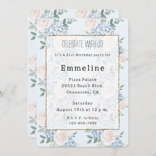 ロマンチックピンクブルーフラワーズ誕生日 招待状 (正面/裏面)