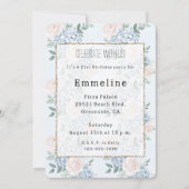 ロマンチックピンクブルーフラワーズ誕生日 招待状 (正面)