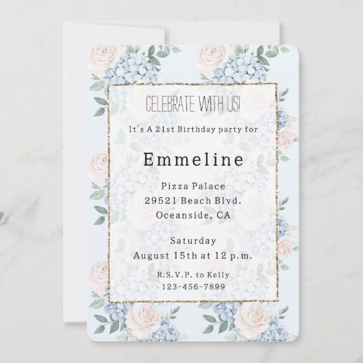 ロマンチックピンクブルーフラワーズ誕生日 招待状 (正面)