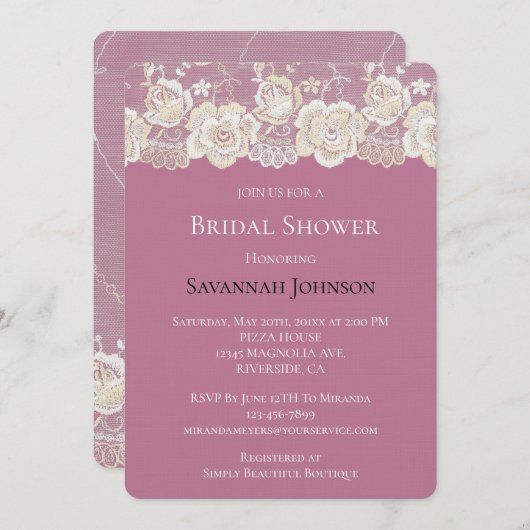 ロマンチックピンクホワイトレースフローラブライダルシャワー 招待状 (正面/裏面)