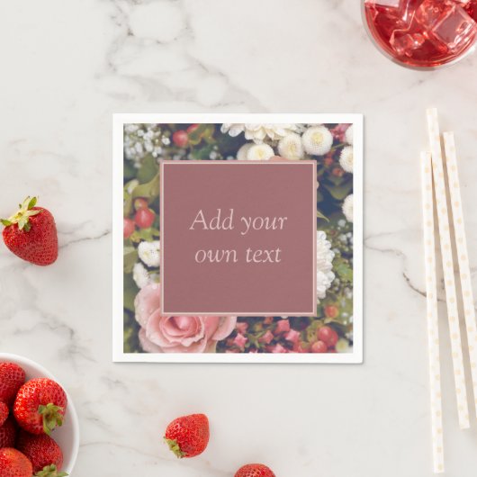 ロマンチックピンクローズカスタム文字フラワーブーケ スタンダードカクテルナプキン (インサイチュ)