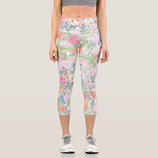 ロマンチックピンクローズフローラヴィンテージデザイン カプリレギンス (正面)