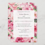 ロマンチックピンクローズフローラ結婚ズ 招待状 (正面/裏面)