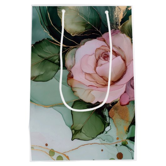 ロマンチックピンクローズホワイト金ゴールドフローラブライダルシャワー ミディアムペーパーバッグ (裏面)