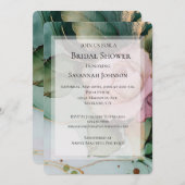 ロマンチックピンクローズホワイト金ゴールドフローラブライダルシャワー 招待状 (正面/裏面)