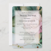 ロマンチックピンクローズホワイト金ゴールドフローラブライダルシャワー 招待状 (正面)