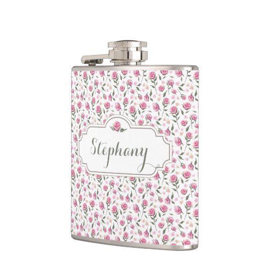 ロマンチックピンクローズ名前をカスタムするフェミニンフラスコ フラスク (左)
