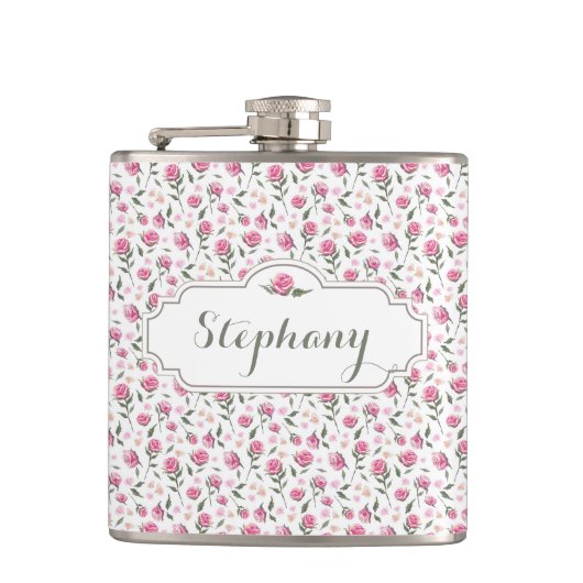 ロマンチックピンクローズ名前をカスタムするフェミニンフラスコ フラスク (正面)