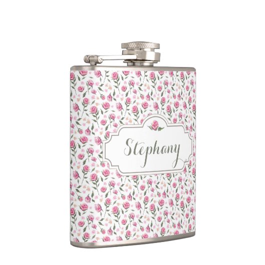 ロマンチックピンクローズ名前をカスタムするフェミニンフラスコ フラスク (右)
