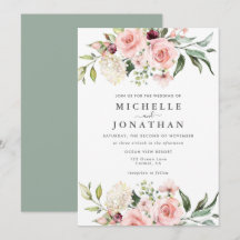 ロマンチックピンクローズ結婚式招待状グリーン