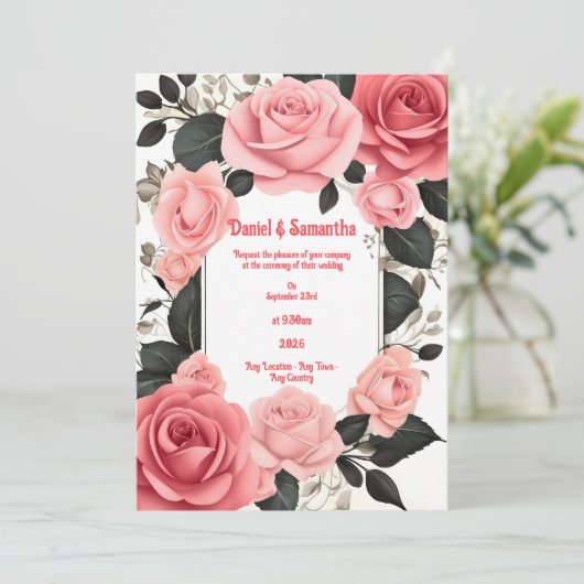 ロマンチックピンクローズ結婚式招待状 招待状 (スタンド正面)