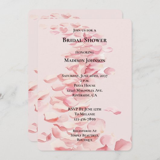 ロマンチックピンクローズ花びらフローラブライダルシャワー 招待状 (正面/裏面)
