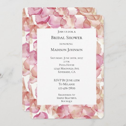 ロマンチックピンクローズ花びらフローラブライダルシャワー 招待状 (正面/裏面)