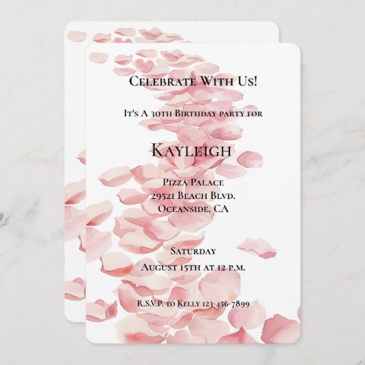 ロマンチックピンクローズ花びらフローラ誕生日 招待状 (正面/裏面)