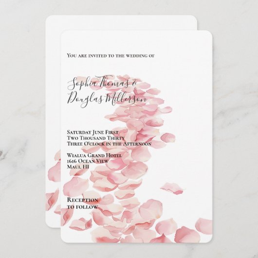ロマンチックピンクローズ花びら結婚フローラ 招待状 (正面/裏面)