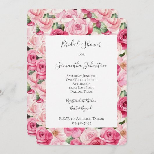 ロマンチックピンクローゼスフローラブライダルシャワー 招待状 (正面/裏面)
