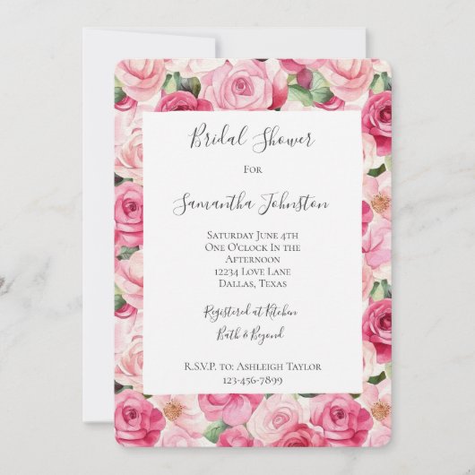 ロマンチックピンクローゼスフローラブライダルシャワー 招待状 (正面)