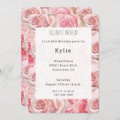 ロマンチックピンクローゼスフローラ誕生日 招待状 (正面/裏面)