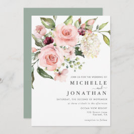 ロマンチックピンクローゼズダスティバラ結婚式招待状 招待状