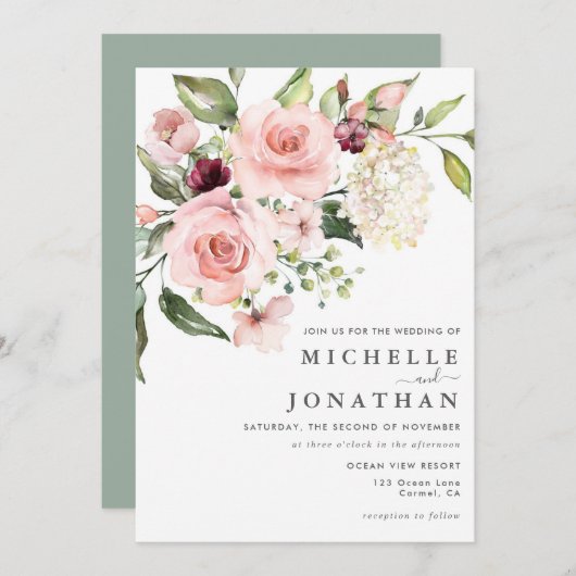 ロマンチックピンクローゼズダスティバラ結婚式招待状 招待状 (正面/裏面)