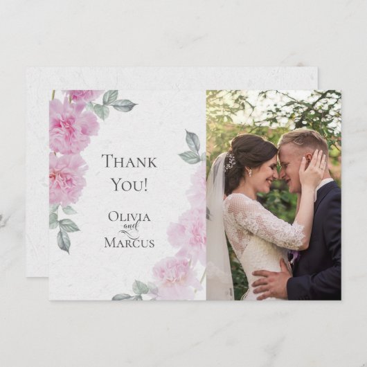 ロマンチックピンク牡丹ライス紙はだしの花嫁™ サンキューカード (正面/裏面)