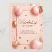 ロマンチックピンク誕生日 招待状 (正面/裏面)