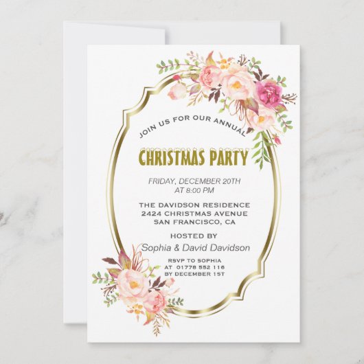 ロマンチックピンク赤面フローラ金ゴールドクリスマスパーティー 招待状 (正面)