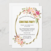 ロマンチックピンク赤面フローラ金ゴールドクリスマスパーティー 招待状 (正面/裏面)
