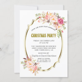 ロマンチックピンク赤面フローラ金ゴールドクリスマスパーティー 招待状