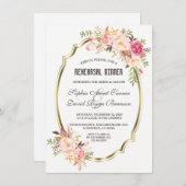 ロマンチックピンク赤面フローラ金ゴールドリハーサルディナー 招待状 (正面/裏面)