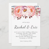 ロマンチックピンク赤面牡丹結婚フローラ 招待状 (正面/裏面)