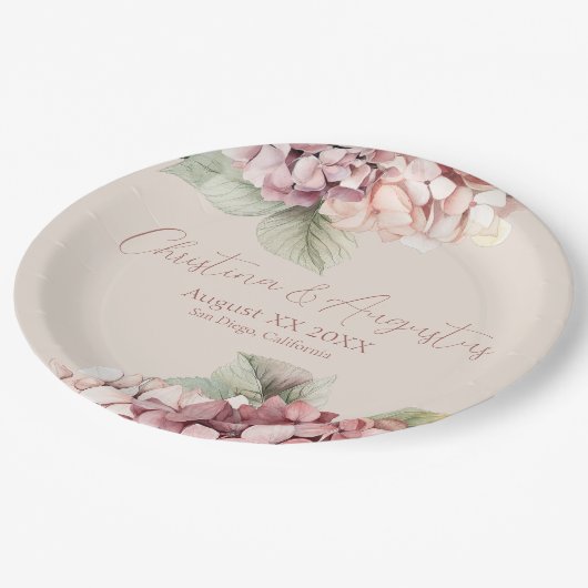 ロマンチックピンク&赤面ウォーターカラーアジサイの花 ペーパープレート (アングル)