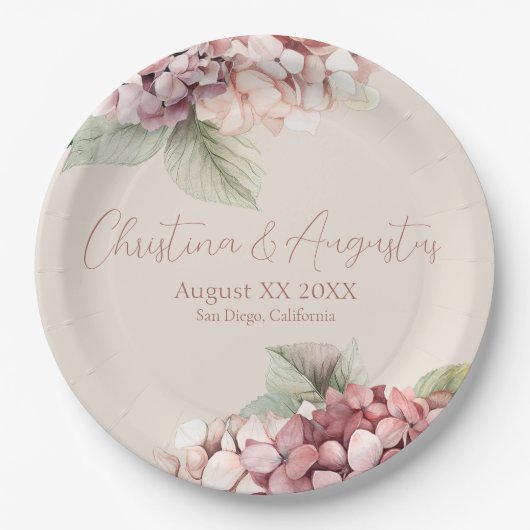 ロマンチックピンク&赤面ウォーターカラーアジサイの花 ペーパープレート (正面)