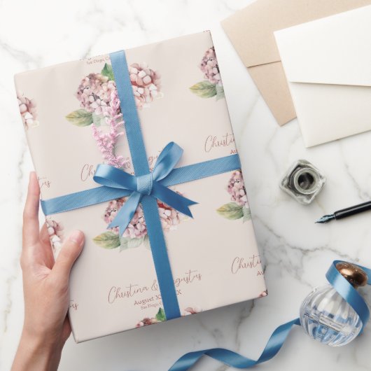 ロマンチックピンク&赤面ウォーターカラーアジサイの花 ラッピングペーパー (ギフト)