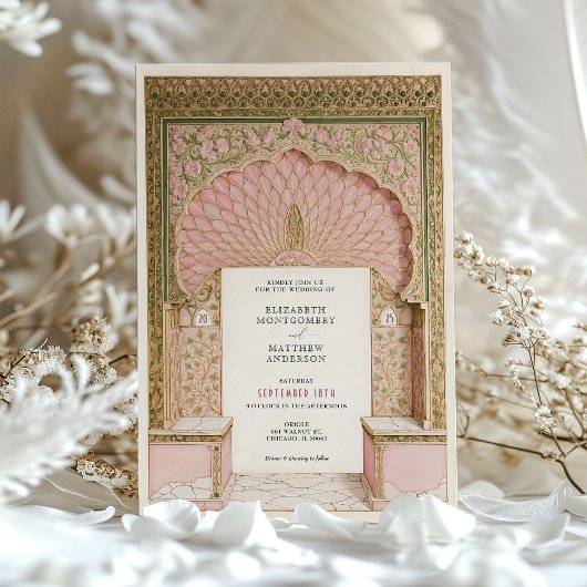 ロマンチックピンク&金ゴールドインディアン結婚ズアー華美チ 招待状