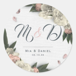 ロマンチックピーチアンドホワイトフローラ牡丹 ラウンドシール